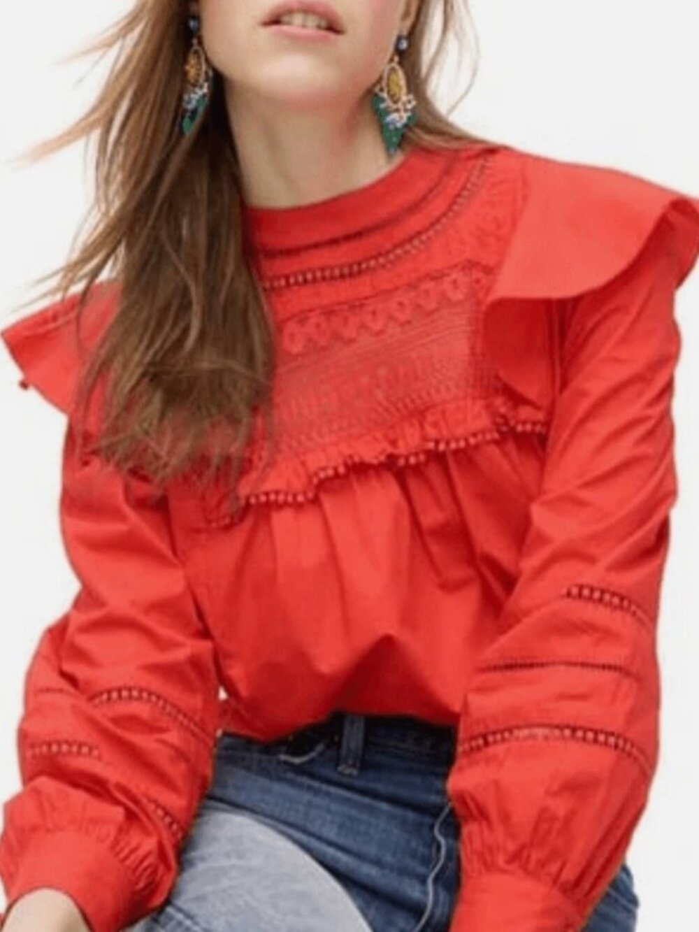 EUC J. Crew Cerise Red Crocheted Lace Ruffle Top, Sz - Lg